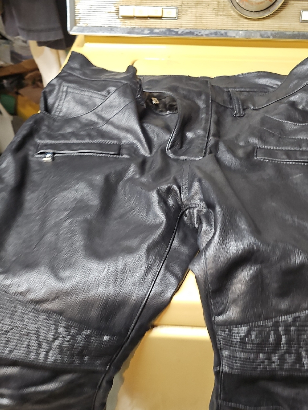 Balmain Black Faux Leather Moto Pants with Quilted Knees